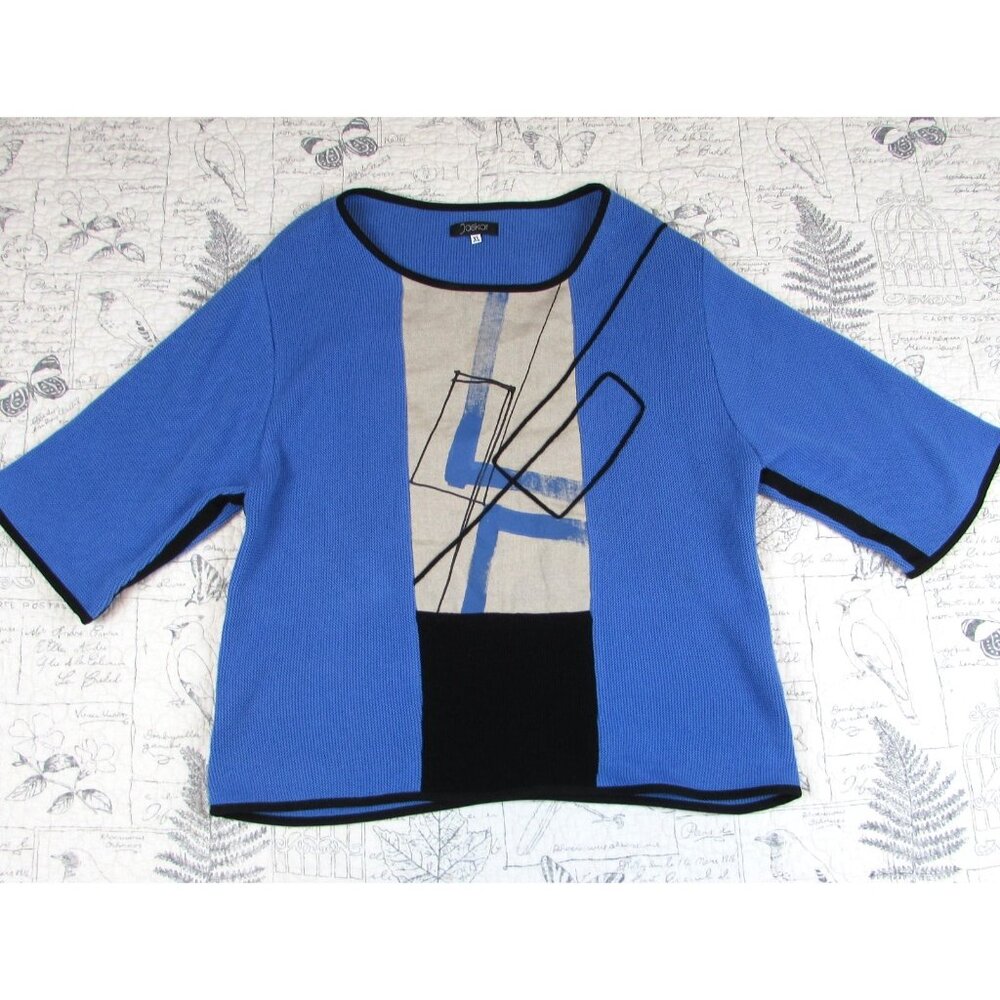 NEW Jaskar Women's Designer Lagenlook hand Painted Blue  knit art to wear Top XL
